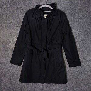 Ann Taylor Loft Trench Coat S Petite Black‎ Lightweight Belted Zip Snaps Cinched